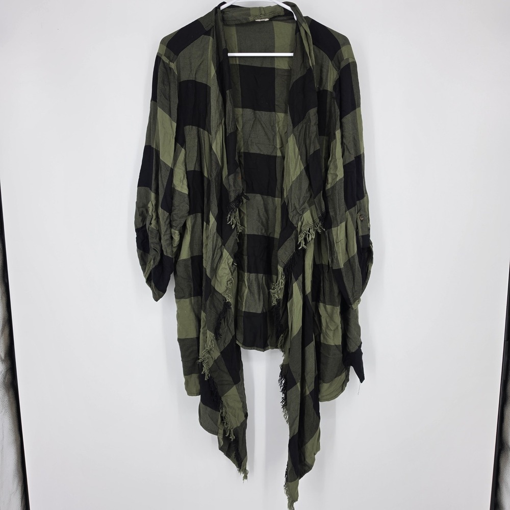 Maurices Buffalo Plaid Kimono Cardigan 3 Green Black Grunge Boho Fringe Hem